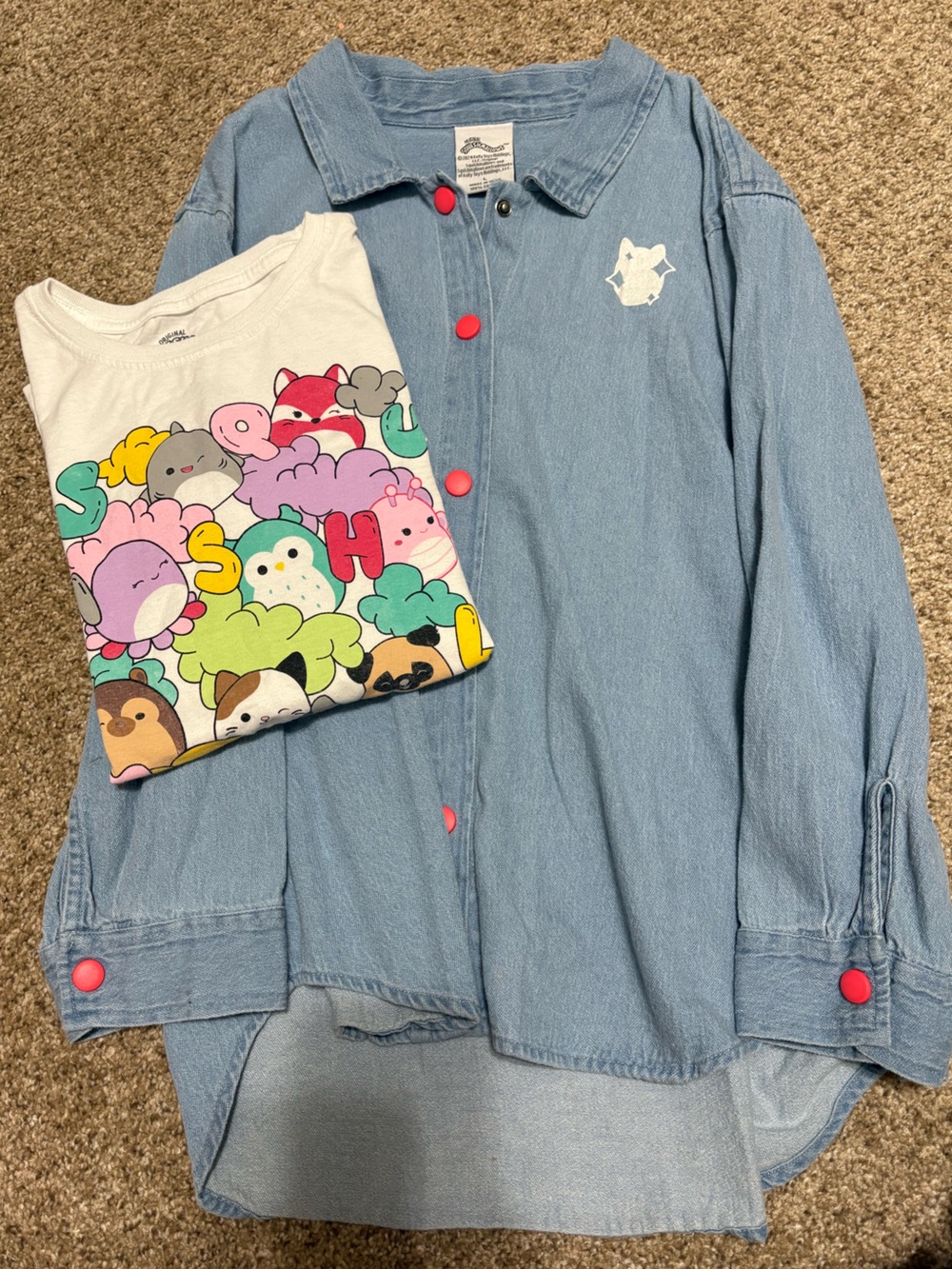 Squishmallows White Tee & Light Blue Denim Shirt with Pink Buttons